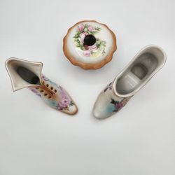 Porcelain Floral Shoe Figurines and Trinket Box Set