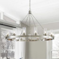 New 46.5” Large 15-Light Wagon Wheel Chandelier Rustic Round Pendant Brushed Nickel Adjustable Hiegh