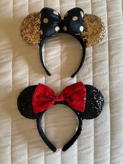 Bundle Disney Sequin Minnie Ear Headbands - Black and Gold Polka Dot Bow, Black and Red Bow