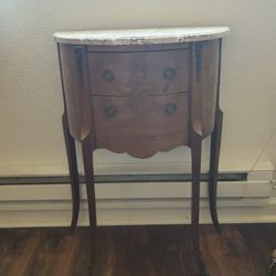 Vintage French Marble-Top Nightstand (Made in France) – Marquetry Inlay