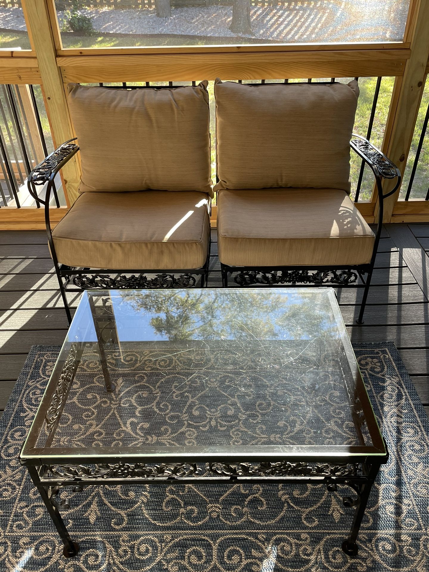 Wrought Iron Porch Set w/ Loveseat Armchairs with Glass top Coffee table 
