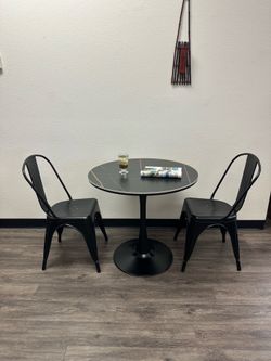 Modern Sintered Stone Dining Table Set – 31.25” Round w/ 2 Metal Chairs