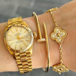 18k yellow gold Van cleef Alhambra style diamond 5 motifs clover shape stone bracelet