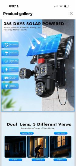 Triple-Lens Solar Security Cameras Wireless for Home Surveillance Outdoor, 3 * 2MP HD Crystal Clarity, PTZ 360º Coverage, 8000mAh Built-in Battery, No