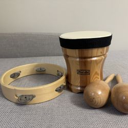 Kids Musical Instrument Set – Drum, Maracas & Tambourine (Wood)