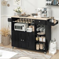 Rolling Kitchen Island Cart with Drop-Leaf and Wine Rack, Microwave Rack Serving Cart on Wheels with Drawer & Shelves & Spice Rack & Cup Hanging,Black
