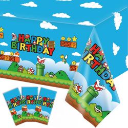 NEW — 3 PCS Party Tablecloth, Plastic Disposable Video Games Table Cover for Super Mario Video Games Birthday Party Decorations Supplies, 108in x 54in