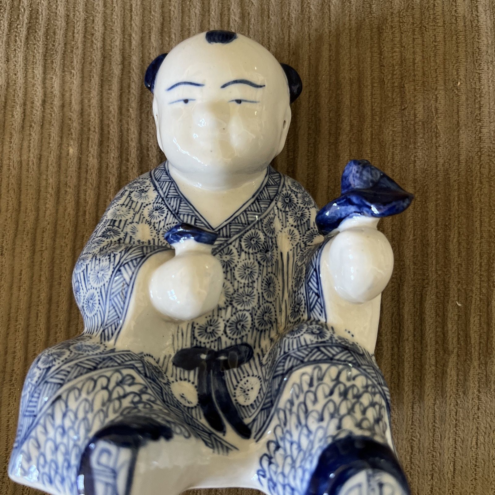 Vintage ORIENTAL BOY STATUE - Oriental Porcelain Blue & White Holding Flower