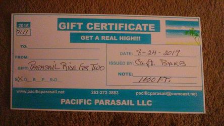 Ticket for 2 to go parasailing 1,000ft with pictures n sd card