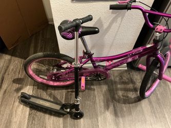 20” Satin Purple Bicycle with free kids scooter and pink helmet - pick up asap.. lightly used, still in great condition