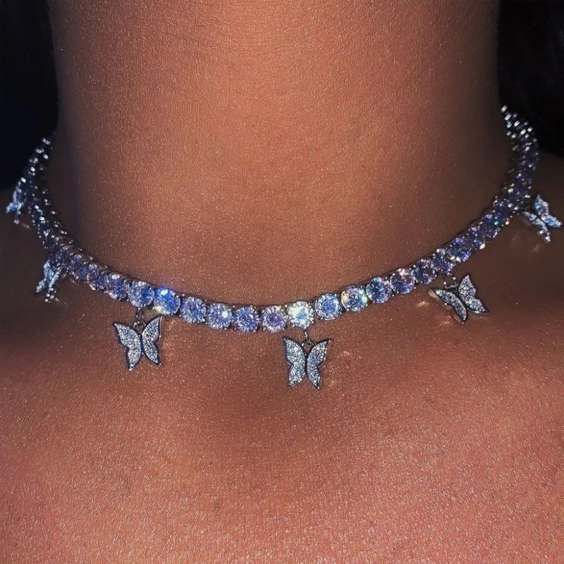 "Shiny Many Lovely Butterfly Full Around Crystal Chokers Necklace, VP1070