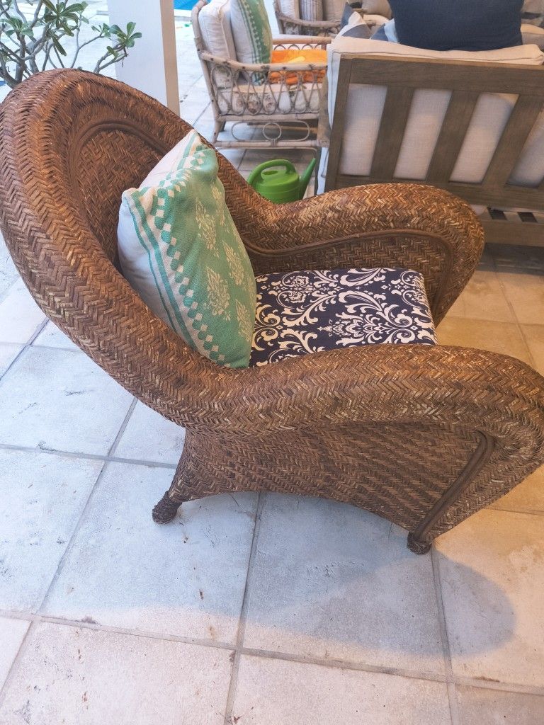 vintage Pottery Barn Malabar woven wicker rattan lounge chair with custom cushions.
