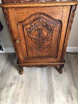 Pair Antique French Oak Nightstands With Marble Tops