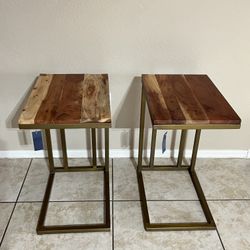 2x MCM Wood Metal Gold Bedside Nightstands Pair Set