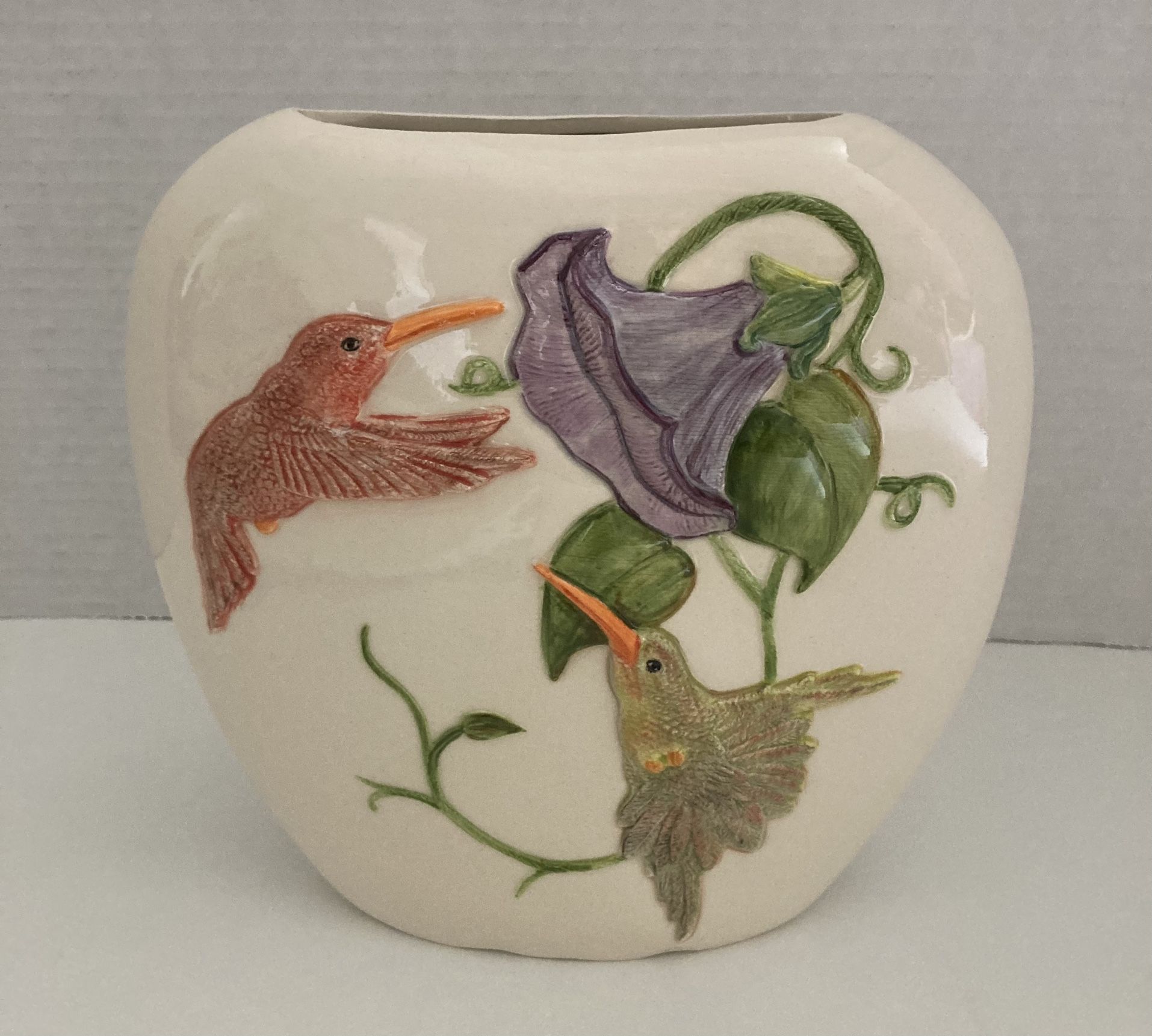 Vintage Ceramic Flat Artisan Vase with Hummingbirds 