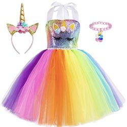 Unicorn Girl Dress for Birthday Outfit Princess Costume Rainbow Tutu Dress 7-8 Years Or 8-9  Years
