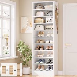 Tall Shoe Cabinet, 10 Tiers Narrow Wood Shoe Rack, Shoe Storage Organizer with Open Storage, Vertical Shoe Shelf Tower for 20-22 Pairs, Space Saving, 