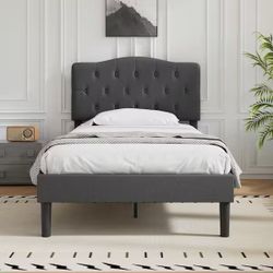 Twin Size Upholstered Platform Bed with Button-Tufted Headboard Wood Slat Support Easy Assembly