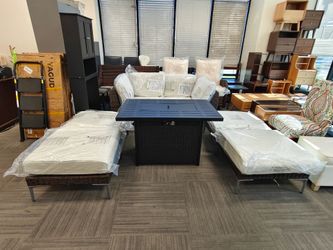7-Piece Outdoor Modular Wicker Sectional Sofa with black Fire Pit Table, Patio Furniture Conversation Set with Deep Seating and Thick beige color Cush