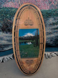 Oval Wood Cribbage Board with Mountain Scene