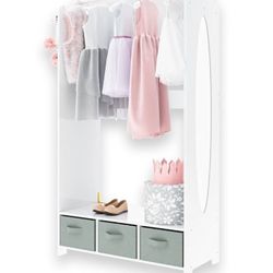 Dress Up Storage Kids Costume Organizer Center Open Hanging Armoire Closet Unit Furniture for Dramatic Play with Mirror Baskets and Hooks