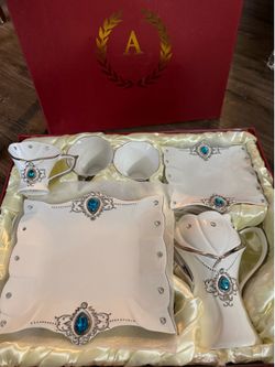 Tea set (white, silver and blue gems) $35