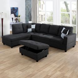 Dark Gray Sectional Couch Set And Ottoman