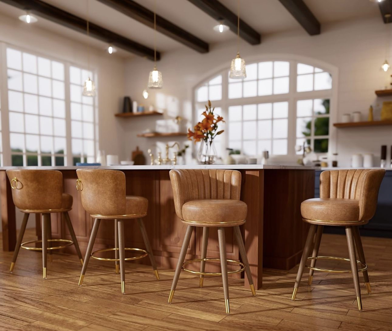 Set of 4 Swivel Bar Stools with Back, 24" H Seat Height, Upholstered Counter Stools, with Wood Legs and Footrest, Bar Chairs for Kitchen Island, 300lb