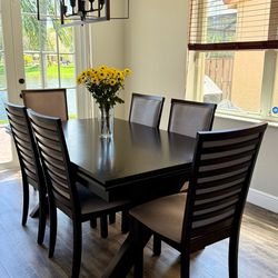 Dining room table with 6 chairs (Espresso color wood with light grey upholstery)