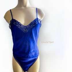Vintage Victoria's Secret Gold Label Hi Cut Bodysuit Royal Blue  S