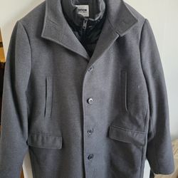 Express men's gray single-breasted wool blend coat with a zip-up bib insert. 
