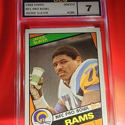 This image features a 1984 Topps Jackie Slater rookie football card, specifically card number #286, showcasing him at the NFC Pro Bowl as a member of