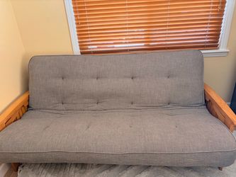 Grey Queen Futon Sofa Bed with Built-In Armrest Side Tables - Excellent Condition