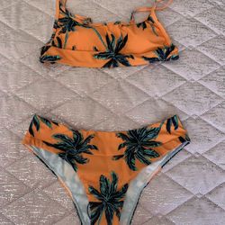 Womens Medium Orange Green Palm Tree Bikini Set 