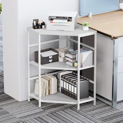 New EasyCom Corner Printer Stand with Charging Station, Adjustable Height Storage Shelf, Triangle Corner Table for Small Space White