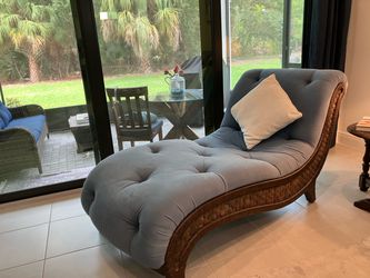 Rattan  Chaise Lounge with Blue Tufted Cushion