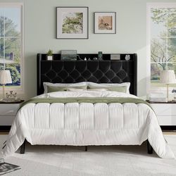 Queen Size Platform Bed Frame with Charging Station, Velvet Wingback Headboard with Storage Shelf, Wooden Slats Support, Ample Under-Bed Space, No Box