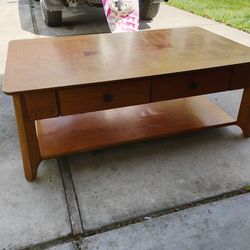 Beautiful Hardwood Heavy Duty Coffee Table With Dark Wood Inlay And A Big Drawer.