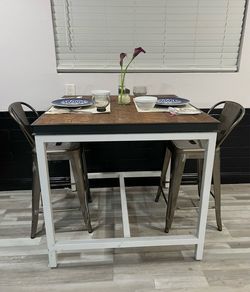 Table & 4 wood stools $50