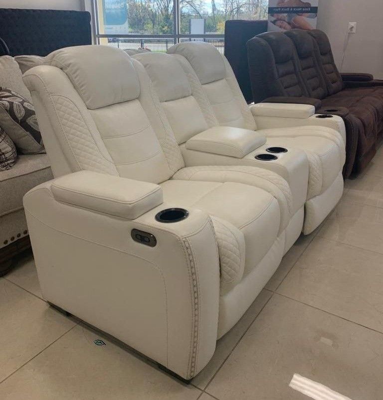 Party Time Power White Reclining Loveseat with Console