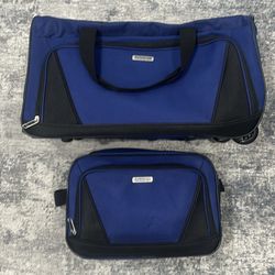 American Tourister Blue Wheeled Duffel Bag w/ Handle & Matching Boarding Bag
