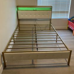 Assembled Queen Bed Frame with Storage Headboard & Footboard Upholstered Platform Bed with LED Lights USB Ports & Outlets No Box Spring Needed,White