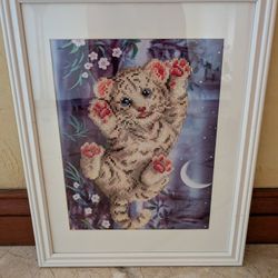 Cute Needlepoint Cat Picture 16" C 20" 