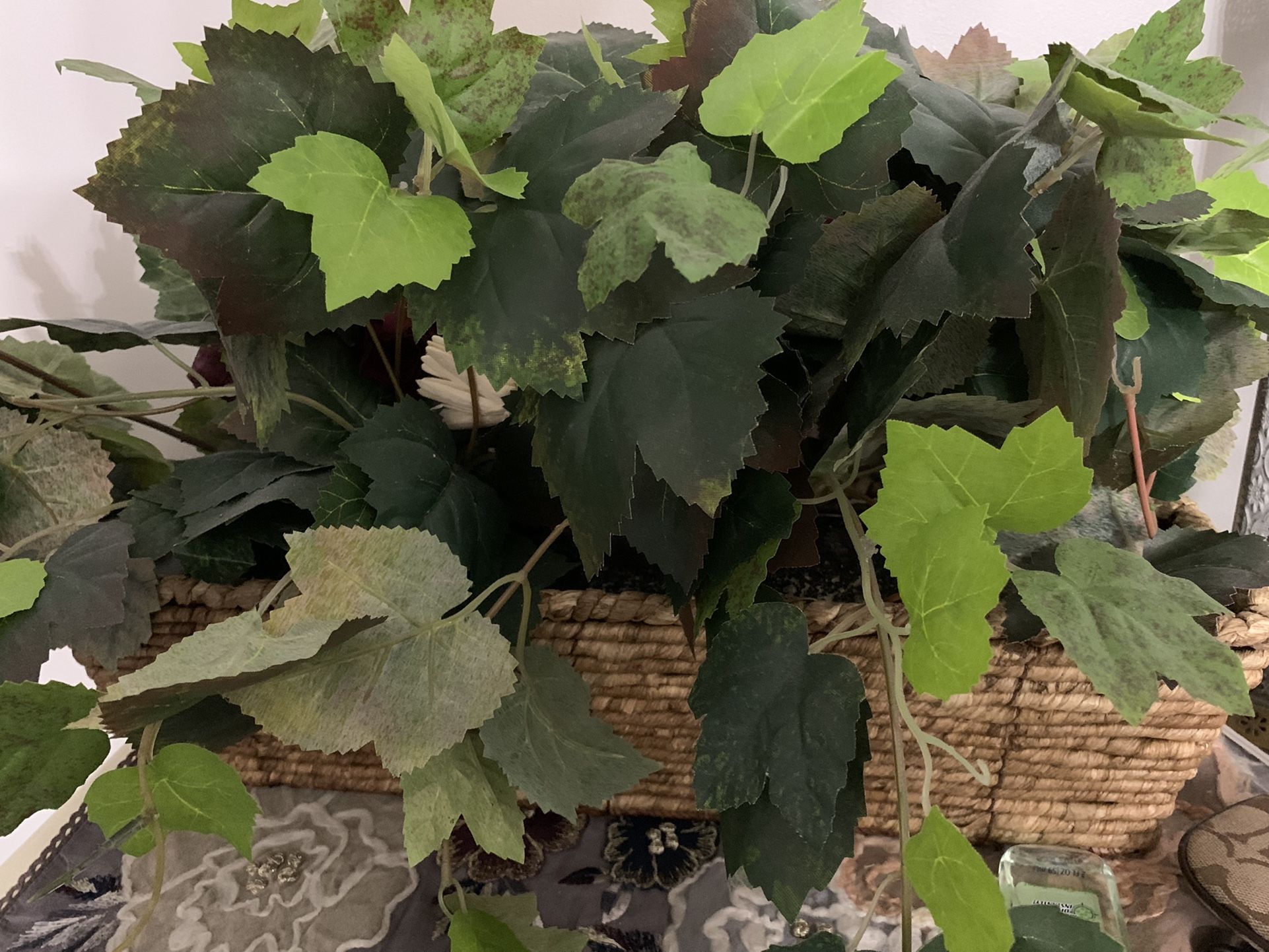Wicker Basket With Fake Green Leaves