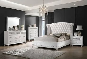 New 5 Piece Tufted Headboard Bedroom Set.  White Or Black.  Free Delivery!