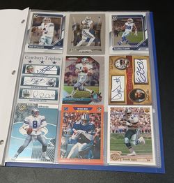 Binder of 27 Dallas Cowboys cards. $10 for everything together. Includes Michael Irvin Rookie Card. Also includes cards of Smith, Aikman, Staubach, Pr