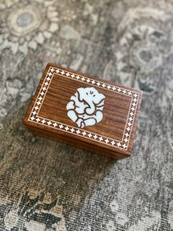 Vintage Indian Inlaid Wooden Jewelry Box with Ganesha Acrylic/Bone Inlay - 6x4 Boho Keepsake Trinket Box, Made in India