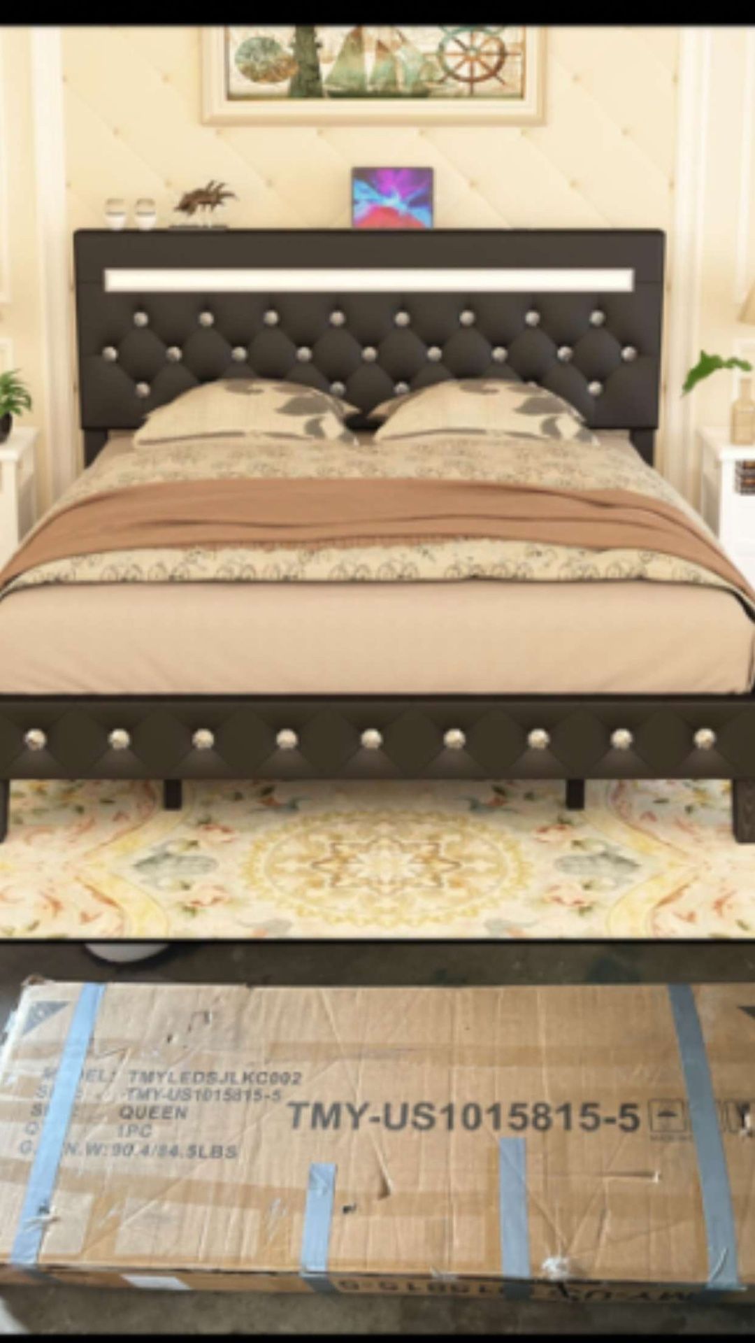 New In Box Queen Bed Frame Leather Platform Bed with Charging Station and LED