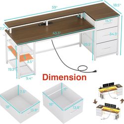 🥨SEDETA 59" Office Desk with Drawers, Reversible Computer Desk with File Drawers & Storage, Gaming Desk with LED Lights & Power Outlet, Home Office D