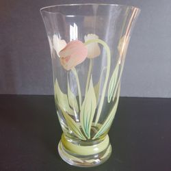Princess House Crystal Hurricane Footed Vase Hand Painted Tulips Design 